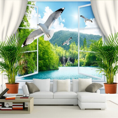 

Custom 3d mural 3D stereo room wallpaper background wallpaper romantic sea gull mural false window wallpaper mural