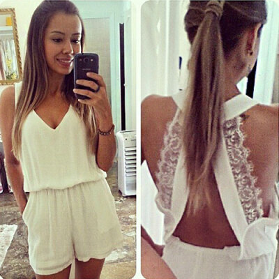 

Lovaru ™New 2015 Women Sexy White Chiffon Jumpsuits V-neck Short Pants Lace Patchwork Sexy Backless Party Jumpsuit