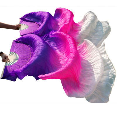 

New Handmade Bamboo Ribs Dance Props Silk Belly Dance Fan Natural Silk 1 Pc Left hand1 Pc Right Hand Silk Fan Purple RoseWhite