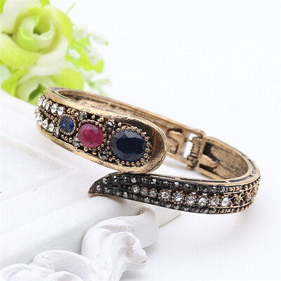 

Fashion Turkish Women Resin Bangle Bracelets Antique Gold Color Rhinestone Cuff Jewelry Indian Bohemia Ethnic Festival Bijoux