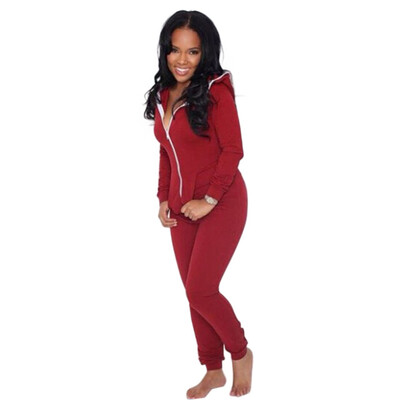 

2018 Casual Women One Piece Outfits Jumpsuits Long Sleeve Bodycon Front Zipper Hooded Long Pants Sexy BlackRed Rompers Playsuit