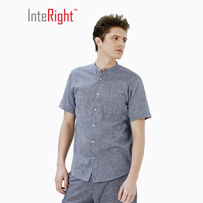 

INTERIGHT Short Sleeve Shirt Mens Cotton Blend Casual Stand Collar Shirt Denim Blue