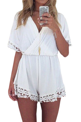 

Lovaru ™ summer style2015 New Fashion elegant sexy Lace V-neck Summer beach Jumpsuits Loose pure color summer style