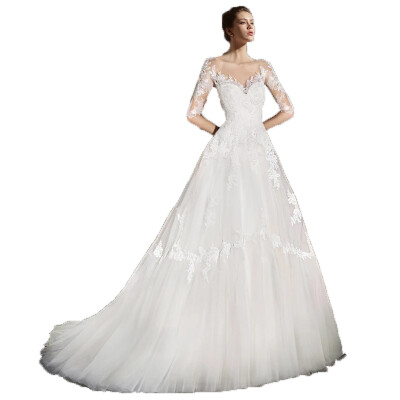 

Simple Sexy Illusion Bodice V Neck Sweep Train Lace A Line Wedding Gown