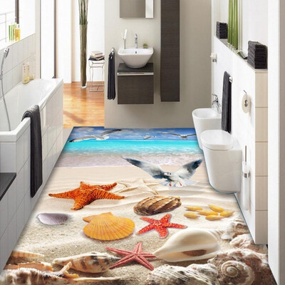 

Free Shipping Sea beach gull conch shell 3d floor painting self-adhesive living room bathroom flooring wallpaper mural 250cmx200cm