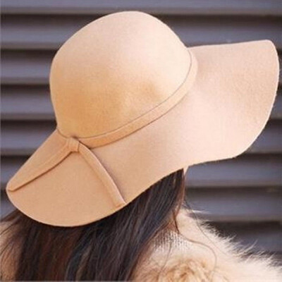 

Women's Wide Brim Faux Wool Felt Bowler Fedora Hat Floppy Sun Bowknot Cloche Cap Camel