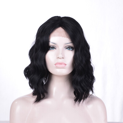 

QianBaiHui Black Color Heat Resistant fiber Bob Synthetic Lace Front Wig Wavy