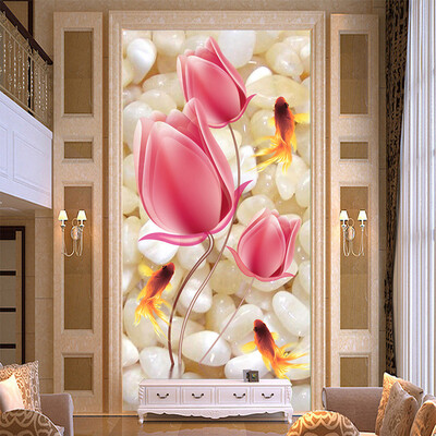 

High Quality Deep Texture Relief 3D Murals Pink Flowers Pebble Goldfish Photo Wallpaper Hotel Living Room Entrance Backdrop Wall