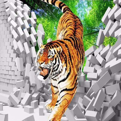 

3D Kids Wallpaper Tiger Down Broken Wall Large Mural For Kids Childrens Room Wall Mural Contact Paper Non-woven Papel De Parede
