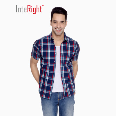 

INTERIGHT shirt mens cotton checkered casual shirt short sleeve red grid  40