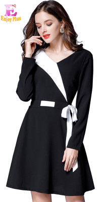 

XL XXL 3XL 4XL 5XL plus size office new autumn 2017 dress women long sleeve big size black&white v neck belt elegant lady