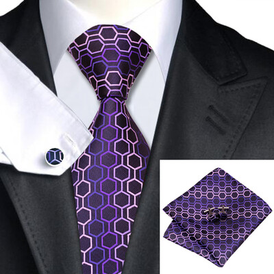 

N-0623 Vogue Men Silk Tie Set Purple Geometric Necktie Handkerchief Cufflinks Set Ties For Men Formal Wedding Business wholesa