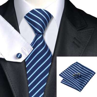 

N-0337 Vogue Men Silk Tie Set Blue Stripe Necktie Handkerchief Cufflinks Set Ties For Men Formal Wedding Business wholesale