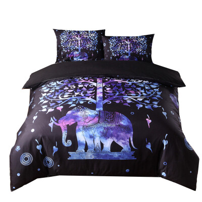 

iDouillet Boho Duvet Cover Set with Pillowcase Blue Elephant&Tree Pattern On Black Background Twin Double Full Queen King