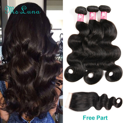 

Ms Luna Hair Brazilian Virgin Hair Body Weave 3 Bundles With 4x4" Free3 Part Lace Closure 4 Pcs Hair Natural Color