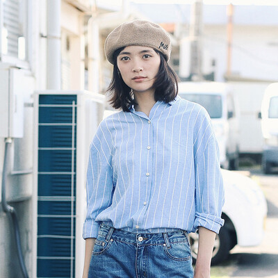 

With pure Raincun S6069 loose loose straight blue&white vertical stripes cotton Korean long-sleeved shirt blue  S6069LW0M