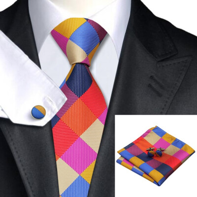 

N-0216 Vogue Men Silk Tie Set Plaids&Check Necktie Handkerchief Cufflinks Set Ties For Men Formal Wedding Business wholesale