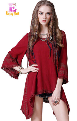 

M L High Quality chest 96-100cm vintage cotton linen autumn 2017 red flare long sleeve women blouse tops embroidery casual lady