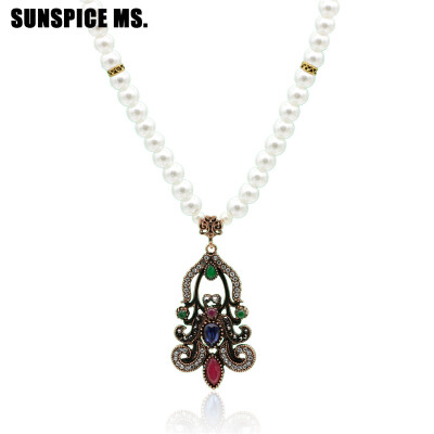 

SUNSPICE MS Turkish Ethnic Imitation Pearl Necklace Women Antique Gold Resin Beads Choker Vintage Inidan Jewelry Banquet Chain