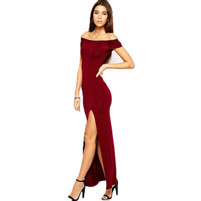 

Lovaru ™New 2015 fashion One word led off-the-shoulder elliptical sexy split back tight thin even dress dress with short sleeves