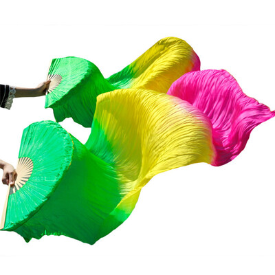 

2017 Stage Performance 100 Silk Belly Dance Fans Gradient Colour Dance Accessories Belly Dancing Silk Fans GreenYellowRose