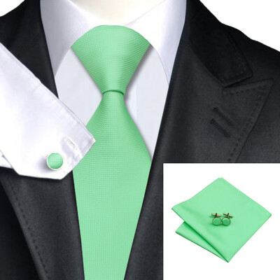 

N-0371 Vogue Men Silk Tie Set Green Solid Necktie Handkerchief Cufflinks Set Ties For Men Formal Wedding Business wholesale
