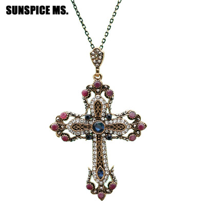 

Fashion Ethnic Religious Jewelry Flower Cross Necklace Antique Gold Color Resin Women Sacred Spiritual Symbol Pendant Necklace