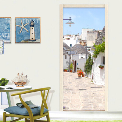 

European Style White Town 3D Mural Wallpaper Modern Door Mural Sticker PVC Self-Adhesive Door Home Decor 77cm x 200cm