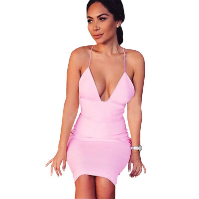 

Lovaru ™summer style 2015 new women dress Pink deep v-neck dress sexy backless condole