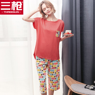 

Three guns ladies cotton pajamas set New York design loose home round neck sleeves pants cotton womens home set rose powder M
