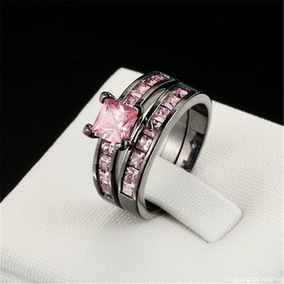 

CZ Diamond Ring Black Gold Plated Luxury 2 Rounds Bijoux Fashion Cocktail Party Ring Set Pink Square Cubic Zirconia Jewelry