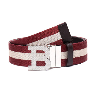 

BALLY Bally Mens Red Beige Striped Fabric with Leather Plate Buckle Double-Sided Belt Belt B BUCKLE 40  TT 5 115cm