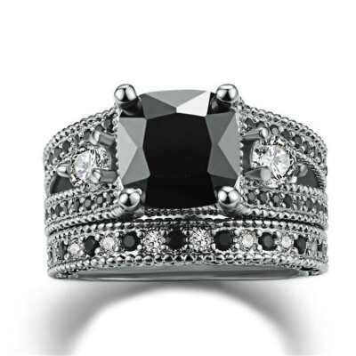 

Silver Color Black Square Stone Ring Sets Luxury 2 Rounds Fashion Cocktail Party Ring Brand Jewelry For Women R617