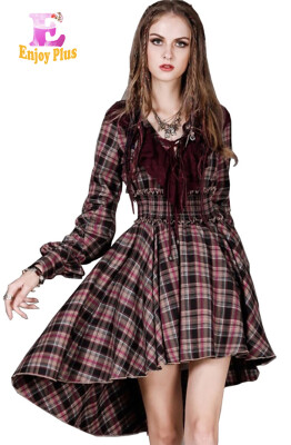 

L High Quality chest 96 -100cm vintage cotton new autumn 2017 plaid dress women long sleeve front short back long v neck lady