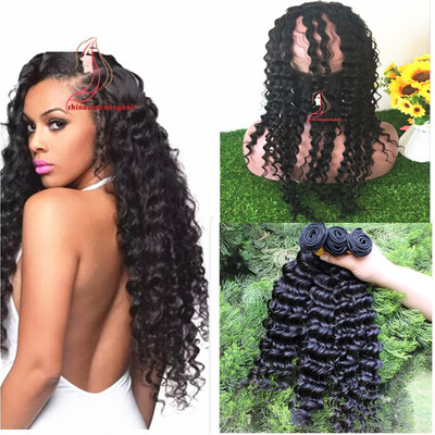 

Deep Wave 360 lace frontal with 3 bundles Color 1B Brazilian Peruvian Human Hair Deep Curly Virgin Hair