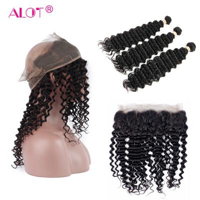 

Alot Peruvian Virgin Hair Deep Wave 3 Связки с фронтальным закрытием 7A Непросмотренные человеческие волосы с 360 фронтальными