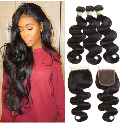 

MORICHY Peruvian Body Wave 3 Bundles with Free Part Lace Closure 7A Unprocessed Virgin Human Hair Weave Bundles with Closure