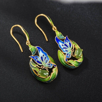 

925 Silver Jewelry Earrings Cloisonne Gold Plated Butterfly Design Jasper Emerald Sterling Silver Earrings