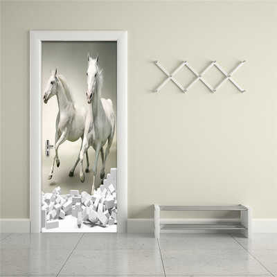 

Modern Art Wallpaper 3D Wall Mural White Horse Broken Wall PVC Self Adhesive Wallpaper Living Room Door Sticker Decor 77cmx200cm