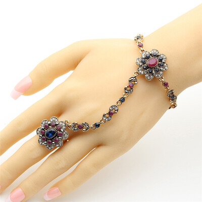 

Великолепный Rhinestone ювелирные изделия Турция женщин браслет кольцо Установить Смола Цветок Ретро Золотой цвет Этнические бижут
