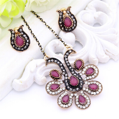 

Vintage Turkish Peacock Jewelry Sets For Women Antique Gold Color Resin Earrings Rhinestone Long Necklace India Bridal Jewelry