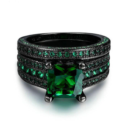 

Top Quality CZ Diamond Cubic Zirconia Created Green Crystal Square Ring Set Black Color Party Rings R689