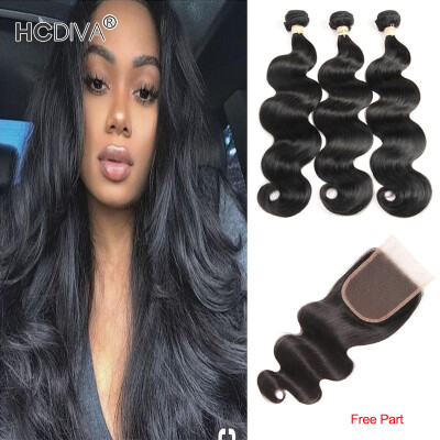 

HCDIVA Indian Virgin Human Hair Bundle with Closure Body Wave 3 Pcs Hair with Lace Closure 130 Density with Baby Hair