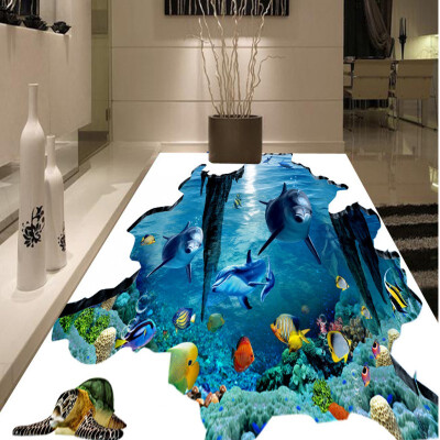 

Free Shipping 3D marine dolphin flooring painting bathroom shopping mall decorative self-adhesive floor mural 250cmx200cm