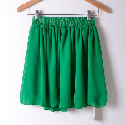 

Women Fashion Dress Casual Solid Color Chiffon High waist double chiffon short skirt Puff Pleated big swing half skirt L05