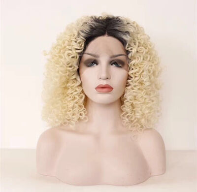 

QianBaiHui Ombre Blonde Lace Front Wigs with Dark Roots Synthetic Wavy Wigs Medium Length Curly Wigs for Women with Free Wig Cap