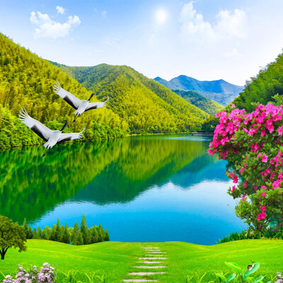 

Custom 3D Photo Mural Wallpaper Chinese Style Natural Landscape Green Mountains Forest Lake Crane Wall Mural Paper For Bedroom