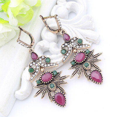 

Arabesque Vintage Women Flower Long Hook Earring Swinging Pendant Resin Crystal Palm Jewelry Antique Gold Color Bohemia Bridal