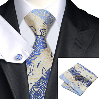 

N-0492 Vogue Men Silk Tie Set Blue Paisley Necktie Handkerchief Cufflinks Set Ties For Men Formal Wedding Business wholesale