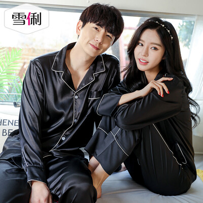 

Snowy spring long-sleeved couple pajamas luxury loose women South Korea silk home service thin section mens cardigan suit female models black M